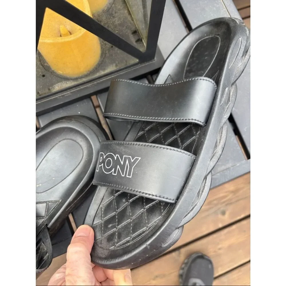 Pony Black Quilted Strap Slide Sandals